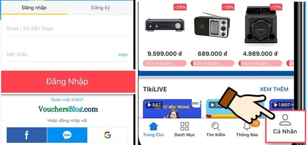 Mở app tiki và Đăng nhập vào tài khoản có đơn hàng muốn hủy