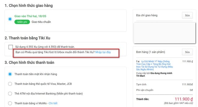 chọn đổi phiếu quà tặng Tiki/Got It/Urbox thành Tiki Xu ở bước "Thanh toán và đặt mua"