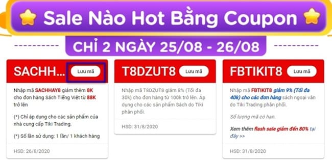 Các coupon khuyến mãi tại Tiki có thể hiện điều kiện áp dụng kèm theo nút “Lưu mã”