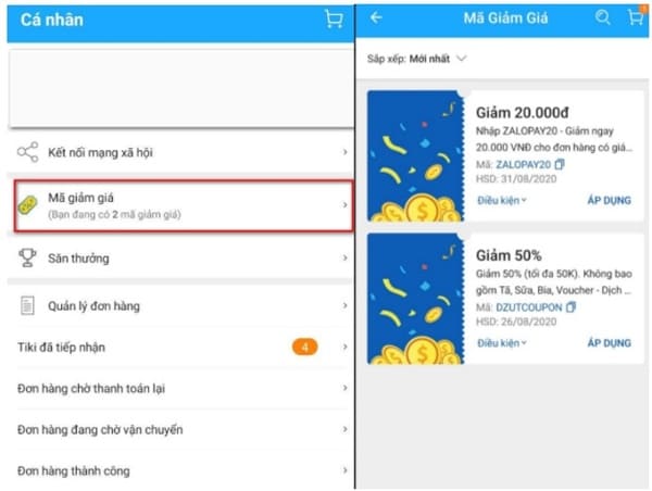 kiểm tra mã coupon tiki trên giao diện app