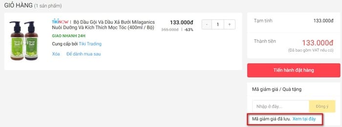Bước 1: Bấm mục "Xem tại đây" ở mục Mã giảm giá đã lưu