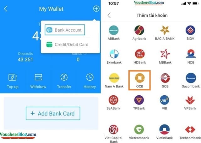 Các bước liên kết ngân hàng OCB với ví airpay