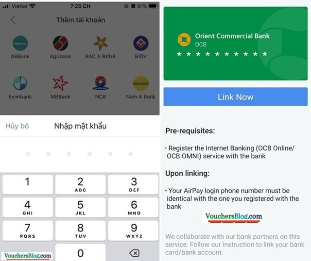Các bước liên kết ngân hàng OCB với ví airpay