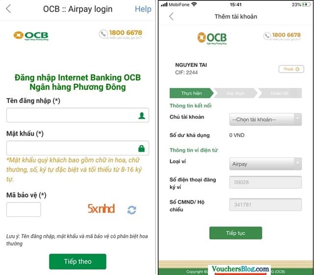 Các bước liên kết ngân hàng OCB với ví airpay