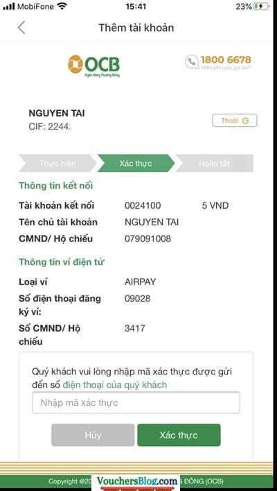 Các bước liên kết ngân hàng OCB với ví airpay
