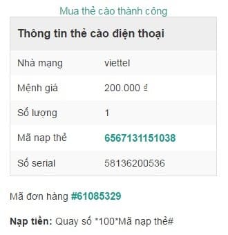 Mua mã thẻ di động thành công trên tiki