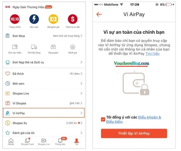 kích hoạt Ví AirPay trên ứng dụng Shopee