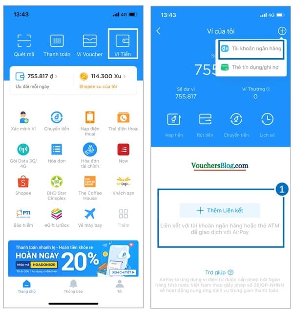 Các bước liên kết thẻ/ tài khoản ngân hàng với ví airpay