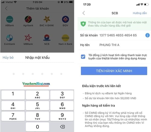 Các bước liên kết ngân hàng SCB với Airpay