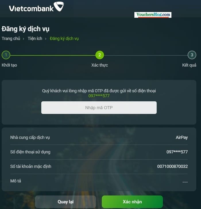 Liên kết ví airpay với vietcombank trên Internet Banking