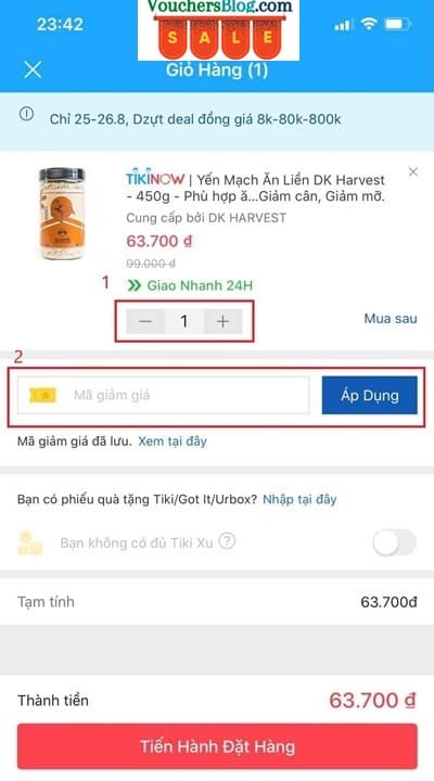 Nhập mã giảm giá và chọn tiến hành đặt hàng