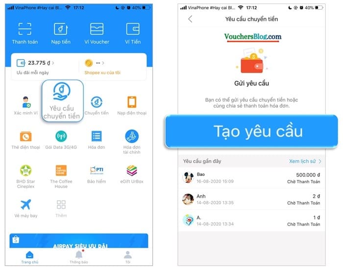 Hướng dẫn các bước gửi yêu cầu chuyển tiền trên ví AirPay