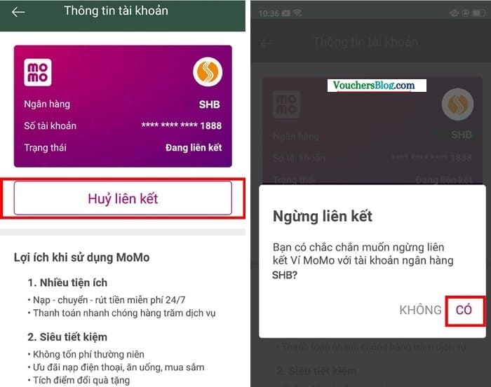 Hướng dẫn cách hủy liên kết Ngân hàng SHB và momo
