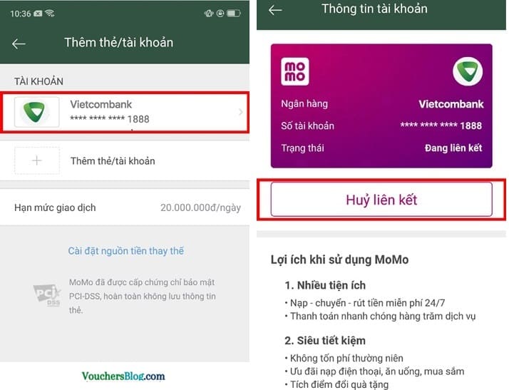 Hướng dẫn các bước hủy liên kết tài khoản ngân hàng Vietcombank với momo