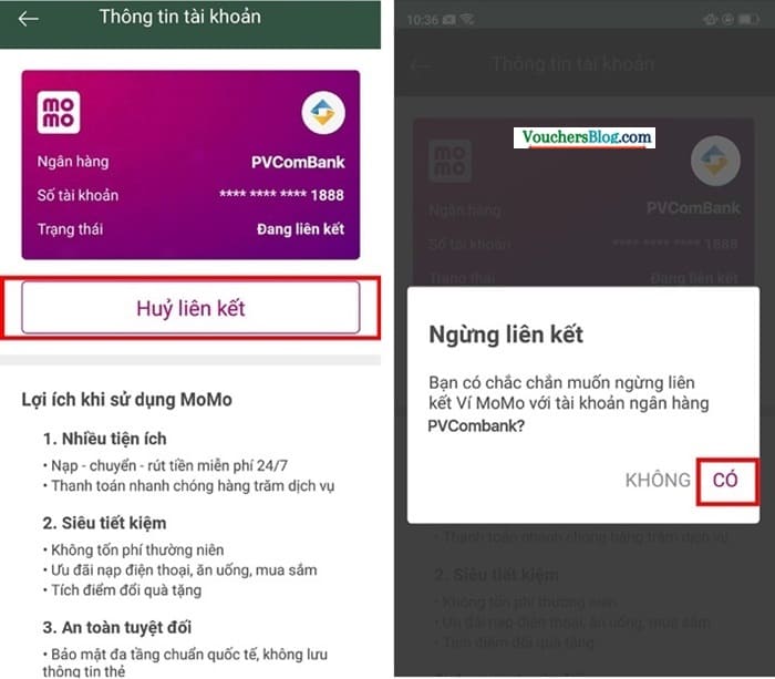 Hướng dẫn cách hủy liên kết tài khoản PVcomBank và momo