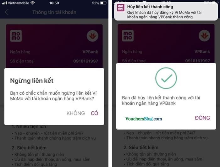 Hướng dẫn hủy liên kết tài khoản ngân hàng VPBANK và momo