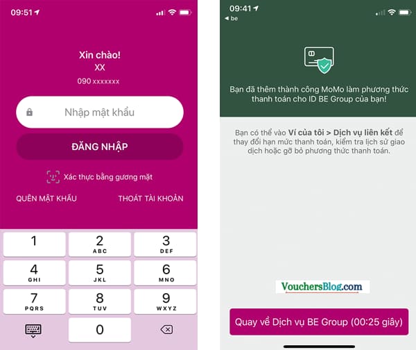 Liên Liên kết ứng dụng Ví MoMo và ứng dụng be