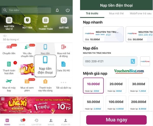 Hướng dẫn nạp tiền điện thoại trả trước mobifone trên momo