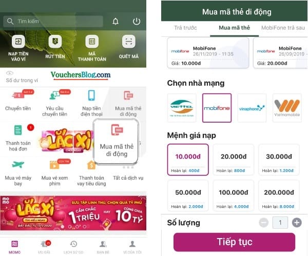 Hướng dẫn mua mã thẻ cào mobifone trên momo