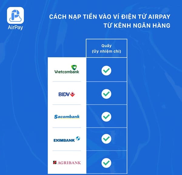 Cách thức nạp tiền vào Ví điện tử AirPay từ kênh ngân hàng tại Quầy