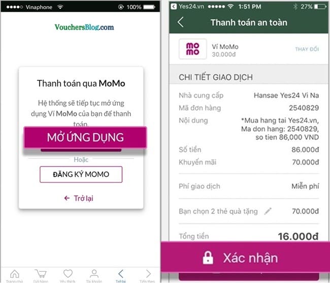 Các bước thanh toán đơn hàng yes24 bằng ví momo