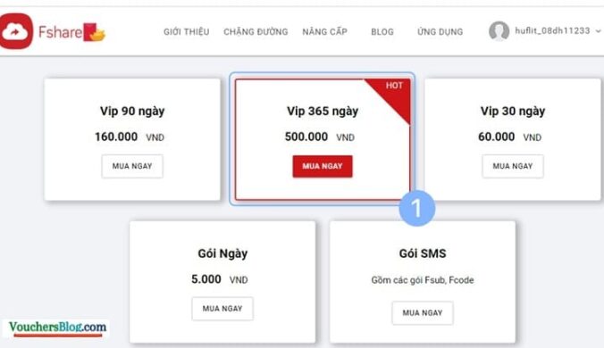 Truy cập vào website https://www.fshare.vn/, Đăng nhập và lựa chọn gói dịch vụ