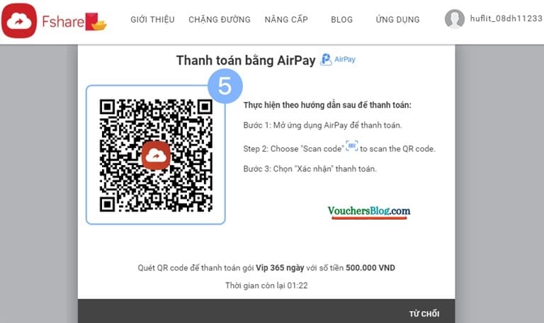 Hướng dẫn các bước thanh toán Fshare bằng Ví AirPay