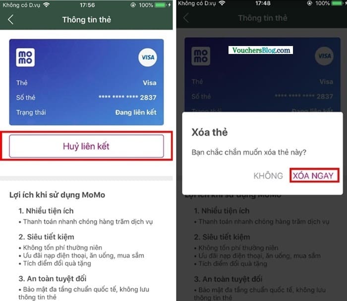 Cách hủy liên kết thẻ Visa/MasterCard/JCB và momo