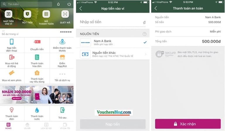 Nạp tiền vào ví momo từ Nam Á Bank