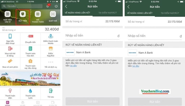 Rút tiền khỏi ví momo về Nam Á Bank