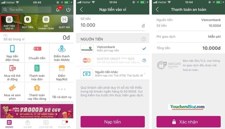 Nạp tiền vào ví momo từ vietcombank