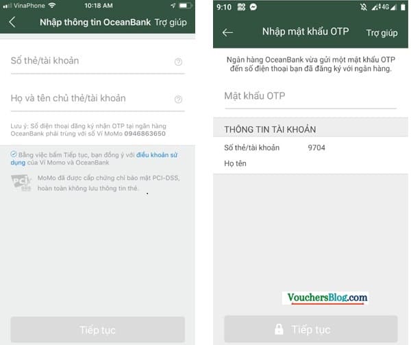 Các bước liên kết Ví MoMo với tài khoản Ngân hàng OceanBank