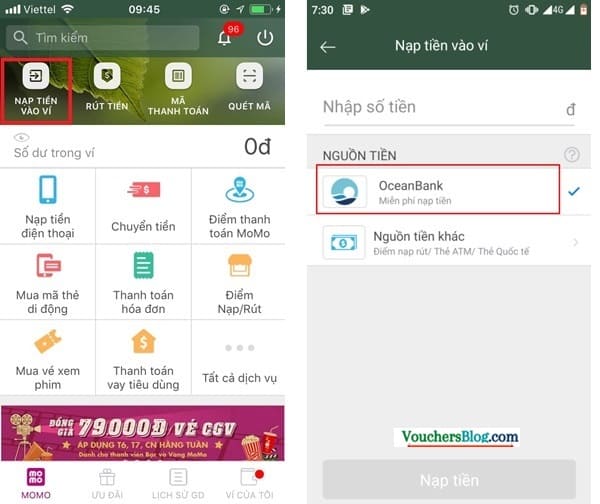 Nạp tiền vào ví momo từ Oceanbank