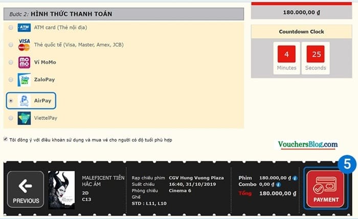 Hướng dẫn thanh toán vé CGV bằng ví AirPay khi mua vé qua website CGV