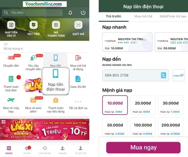 Hướng dẫn nạp tiền trả trước vinaphone trên momo
