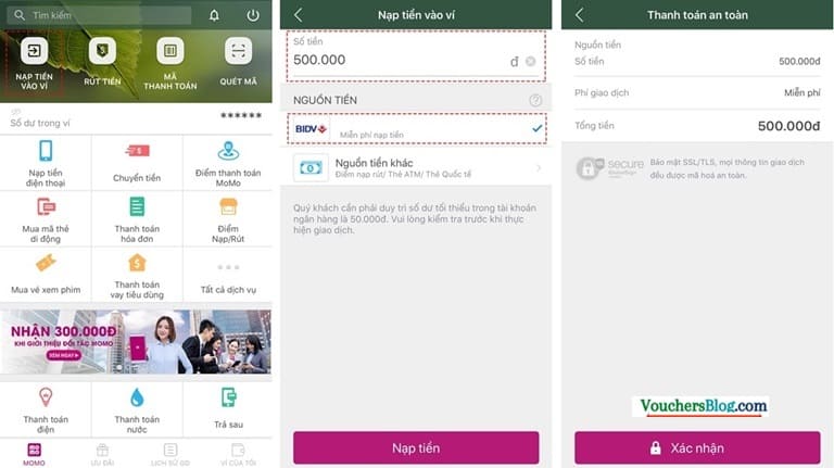 Nộp tiền vào ví momo từ BIDV