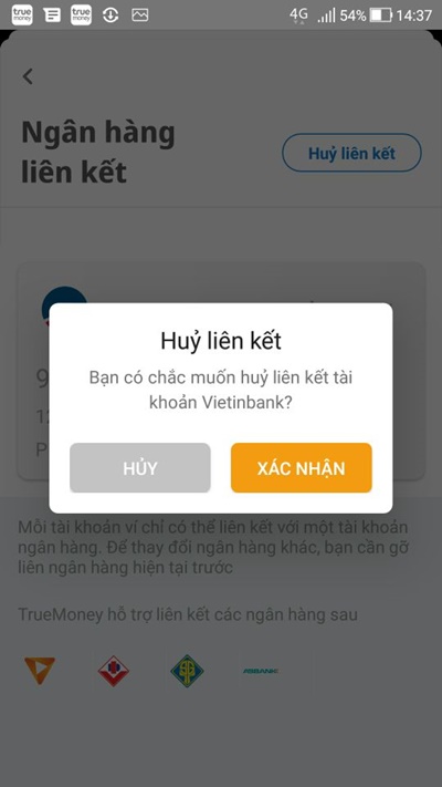 Cách hủy liên kết ngân hàng VietinBank và truemoney