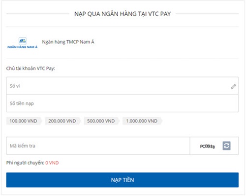 Các bước nạp tiền ví VTCPay từ ngân hàng Nam Á miễn phí