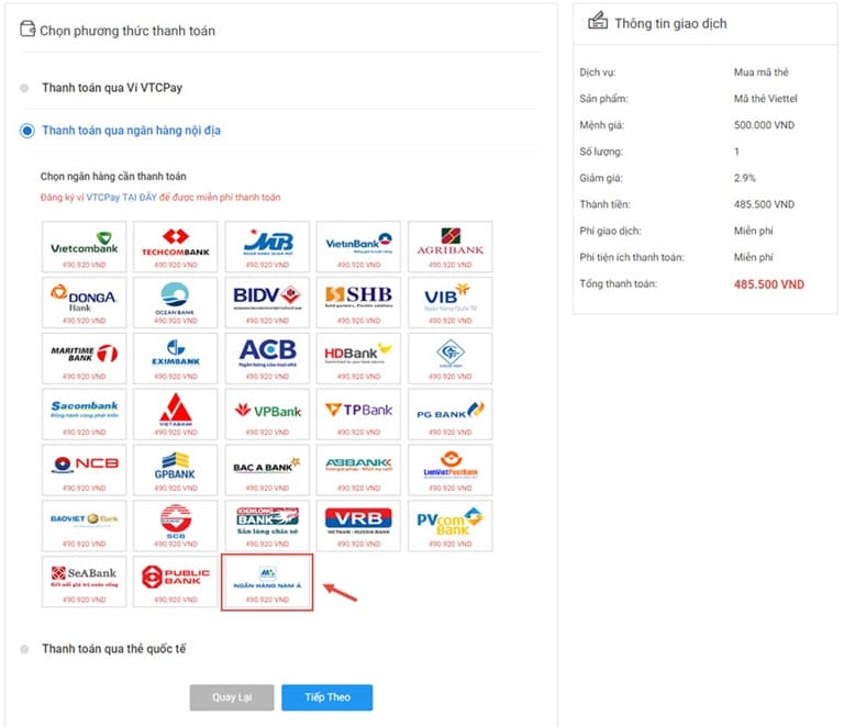 Cách mua hàng trên web VTCPay qua ngân hàng Nam Á