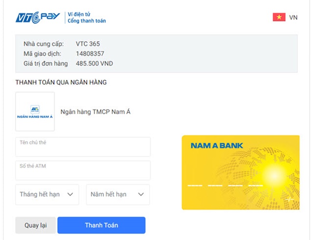 Cách mua hàng trên web VTC Pay qua ngân hàng Nam Á