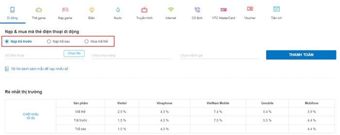 MUA THẺ ĐIỆN THOẠI ONLINE / NẠP TIỀN ĐIỆN THOẠI TRẢ TRƯỚC - TRẢ SAU TRÊN ỨNG DỤNG VTC PAY TRÊN WEBSITE