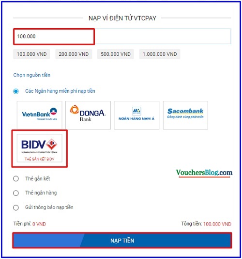 Các bước nạp tiền Ví VTCPay từ ngân hàng BIDV trên web