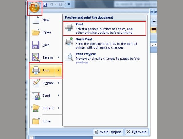 Thao tác thực hiện in văn bản trong Word 2007