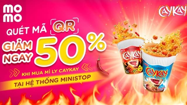 Quét momo ưu đãi 50% khi mua mì ly Caykay tại Ministop