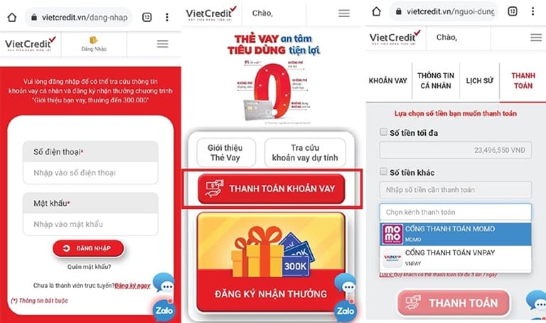 Hướng dẫn thanh toán thẻ vay tại website VietCredit trên điện thoại