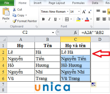 Cách gộp họ và tên trong Excel