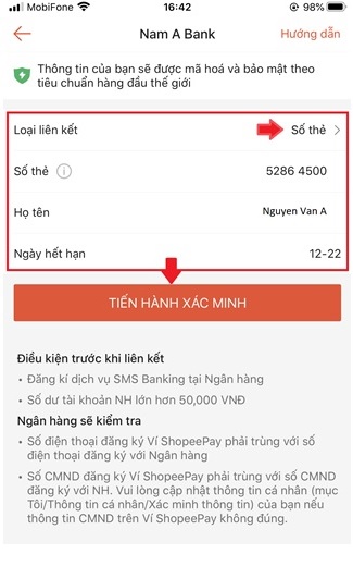 Hướng dẫn liên kết tài khoản Nam A Bank bằng số thẻ và số tài khoản với Shopeepay