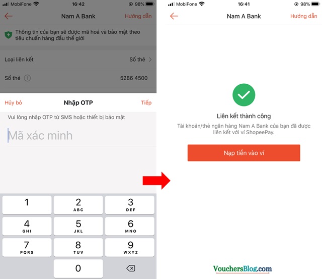 Hướng dẫn liên kết tài khoản Nam A Bank bằng số thẻ và số tài khoản với Shopeepay