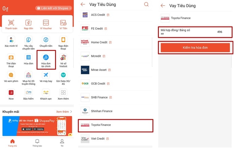 Hướng dẫn thanh toán dịch vụ tài chính Toyota Finance qua Ví ShopeePay