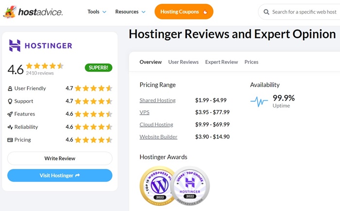 Xem đánh giá Hostinger từ các chuyên gia trên HostAdvice